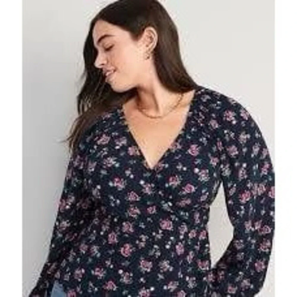 Puff-Sleeve Smocked Wrap Floral Blouse Small